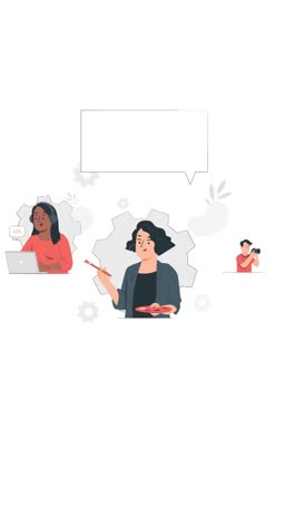 A creative team consisting of a coder, a designer, and a photographer working together with a speech bubble above.
