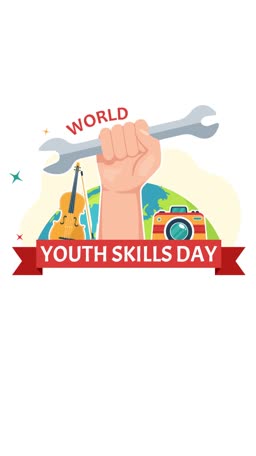 A fist holding a wrench above a globe with a violin and camera, commemorating World Youth Skills Day.