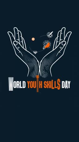 Graphic illustration of hands cupped holding icons representing skills and education for World Youth Skills Day