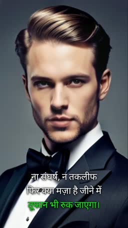 A handsome man in a tuxedo with a Hindi motivational quote overlay