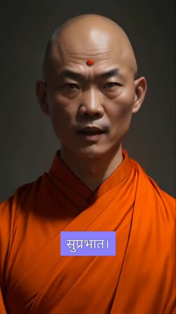 A serene Buddhist monk wearing orange robes with a red tilak, conveying a 'Good Morning' message in Hindi.