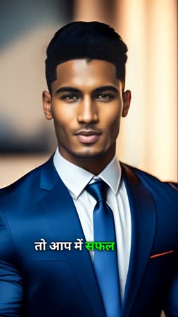 A handsome man in a blue suit with motivational text in Hindi