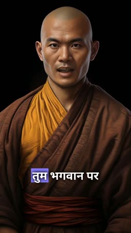 A Buddhist monk in traditional brown and saffron robes sharing wisdom with Hindi text overlay.
