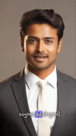 A professional man wearing a dark grey suit and white tie with Gujarati text overlay