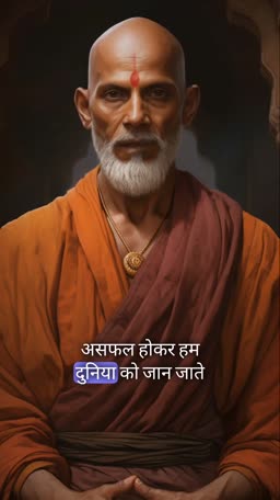 An elderly Indian sadhu in saffron robes with a calm expression, featuring Hindi text about life lessons.