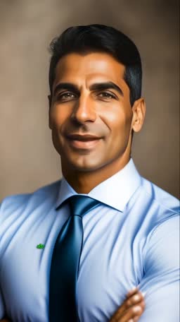 A professional middle-aged man with dark hair wearing a light blue dress shirt and a dark blue tie