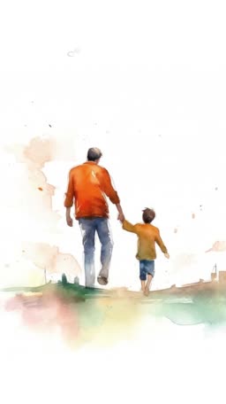 A father and son walking hand in hand depicted in a minimalist watercolor style on a white background
