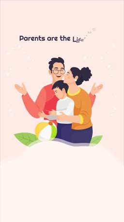 A happy family illustration of a father, mother, and son with a beach ball against a soft pink background.
