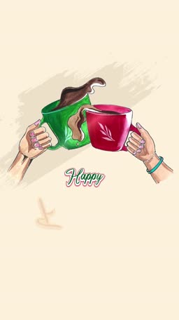 An artistic illustration of two hands holding and toasting with a green and a red coffee mug