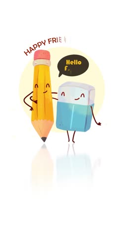 A cartoon illustration of a smiling pencil and eraser holding hands with the text Happy Friends