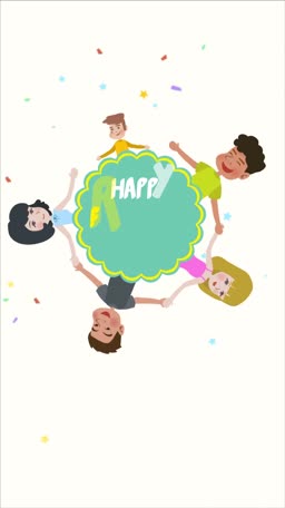 A cartoon illustration of a diverse group of children holding hands in a circle around a teal scalloped frame with the word HAPPY inside, decorated with confetti.