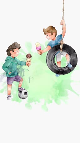 Two boys enjoying ice cream, one playing soccer and the other on a tire swing, against a watercolor splash background.