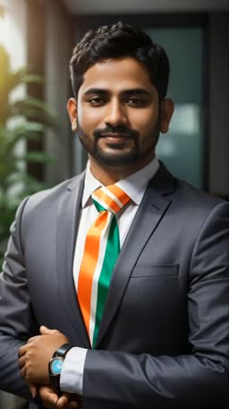 A professional Indian man wearing a grey suit and a tie with the Indian flag tricolor design