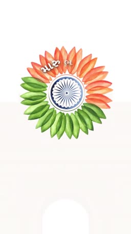 Watercolour flower petals in saffron, white, and green with Ashoka Chakra representing India's national flag colors.