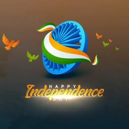 3D Indian Ashoka Chakra with saffron, white, and green ribbon and flying birds on a dark background