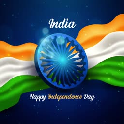 An abstract graphic celebrating Indian Independence Day with a tricolor flag and the Ashoka Chakra emblem against a dark blue background.