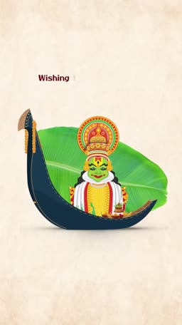 Kathakali dancer illustration inside a boat with a banana leaf background celebrating Onam festival
