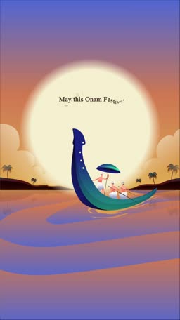 A beautiful artistic illustration of a boat on water during the Onam festival with a full moon in the background