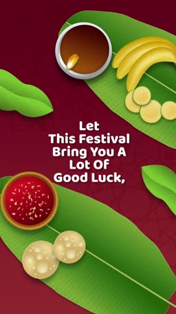 Traditional Onam festival greeting card featuring banana leaves, fruit, and snacks on a dark red background