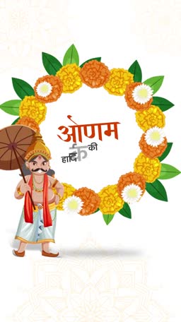 King Mahabali with marigold flower garland for Onam festival greeting