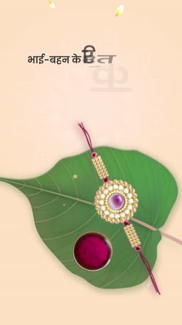A beautifully designed Raksha Bandhan greeting card featuring a traditional Rakhi on a green leaf with vermillion.