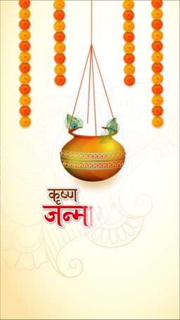A decorative Krishna Janmashtami illustration featuring a hanging dahi handi pot, marigold flower garlands, and traditional calligraphy on a cream-colored background.