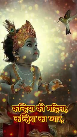 A beautiful depiction of baby Krishna with a hummingbird, deer, and squirrel in a glowing, spiritual forest setting