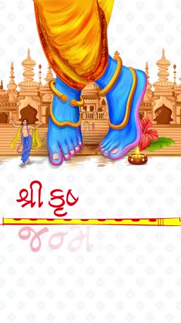 Lord Krishna's blue feet and yellow dhoti with a temple background for Janmashtami celebration