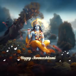 Lord Krishna playing the flute amidst a mystical forest setting for Janmashtami