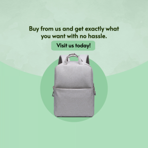 A minimalist grey backpack centered on a soft green background with promotional marketing text.