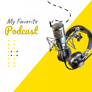 Professional podcast microphone and headphones on a yellow and white background