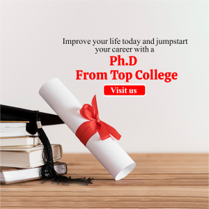 A diploma with a red ribbon on a stack of books with a graduation cap on a wooden table, advertising Ph.D. programs.