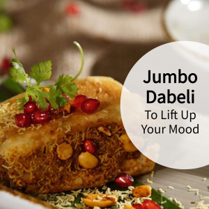 A delicious jumbo dabeli topped with fresh coriander and pomegranate seeds