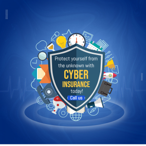 A creative ad featuring a protective shield icon surrounded by various business and tech icons, promoting cyber insurance services.