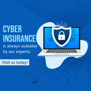 A graphic advertisement for cyber insurance featuring a laptop with a shield and padlock icon on a blue background