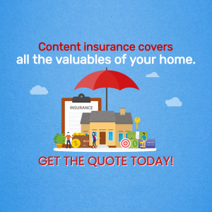 A graphic illustration explaining home content insurance with a house under a protective red umbrella.