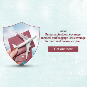 A graphic featuring passports, a model airplane, and a shield promoting travel insurance coverage.