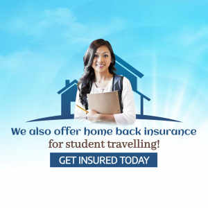 A smiling student holding a folder with a house illustration for home back insurance promotion