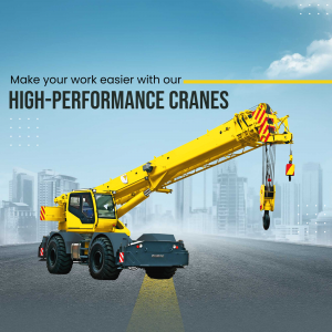 A large yellow construction crane on an asphalt road against a city skyline
