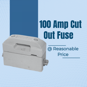 A grey ceramic 100 Amp electrical cut-out fuse unit against a light blue background