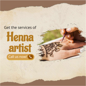 A close-up image of a professional henna artist applying intricate mehndi designs on a woman's hand, with a call to action button.