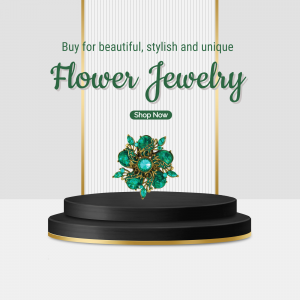 A beautiful emerald green floral brooch displayed on a circular black pedestal against a sophisticated background with elegant text.