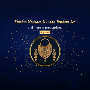 Luxury gold Kundan necklace and matching earrings set on a dark blue background with sparkles