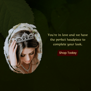 A beautiful bride wearing a sparkling tiara with a promotional text overlay