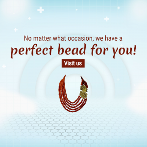 A multi-strand coral bead necklace with a gold clasp displayed against a light blue, modern background with promotional text.
