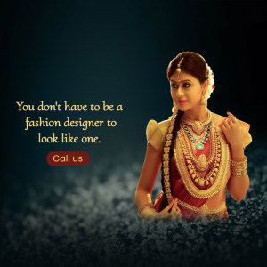 A South Indian woman wearing traditional gold jewelry with a promotional text overlay