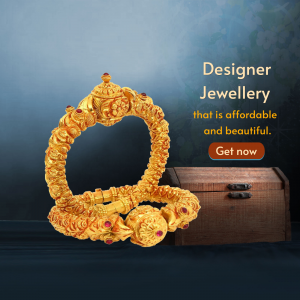 A pair of intricately designed gold bangles with ruby accents displayed on a dark background.