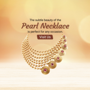 A luxurious multi-layered gold pearl necklace with red accents displayed against a soft, glowing background.