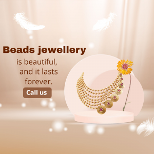 A beautifully crafted multi-strand gold bead necklace displayed on a pedestal with a decorative flower, against a soft beige background.