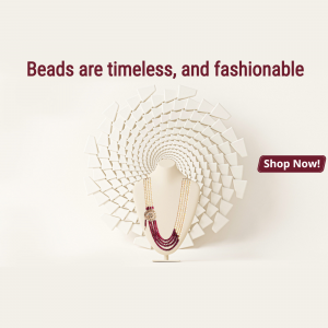A beige jewelry display bust wearing a multi-strand burgundy and white beaded necklace against a spiral geometric background with a Shop Now button.